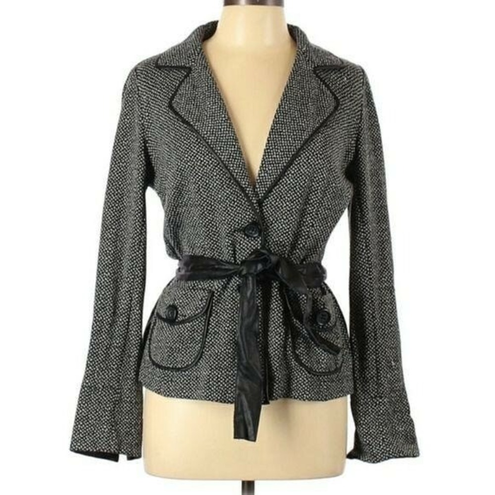 Gerard Darel Wool Knit Faux Leather Trim Belted Blazer Sz 42 Single Breasted